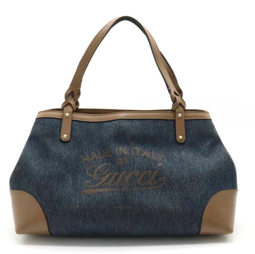 Gucci Craft Tote Bag Shoulder Denim Leather Blue Mocha Brown